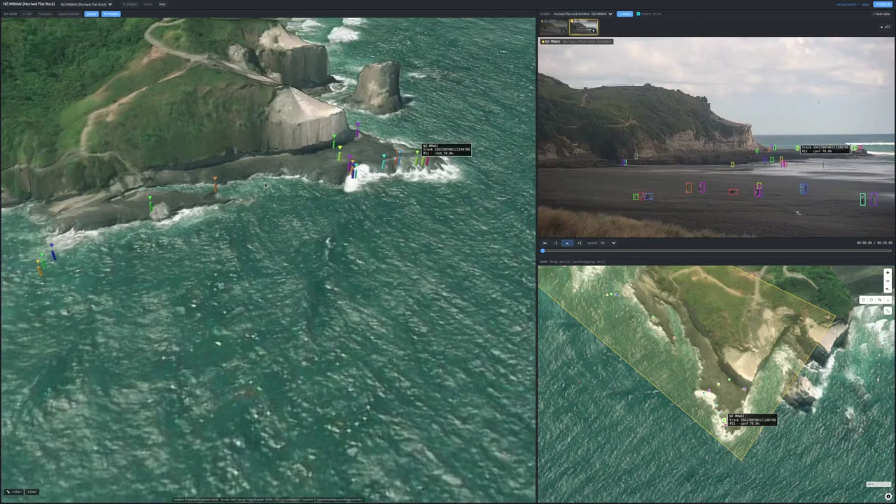 Recorded Muriwai footage connects tracked people in a 3D landscape with a camera and a map of the same coast.